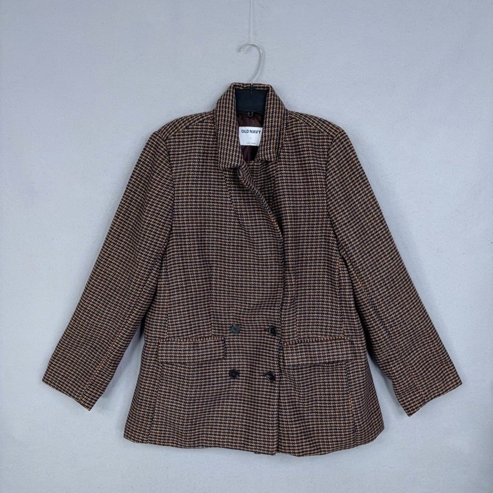 Old Navy Blazer Womens Large Brown Houndstooth Double Breasted Dark Academia
